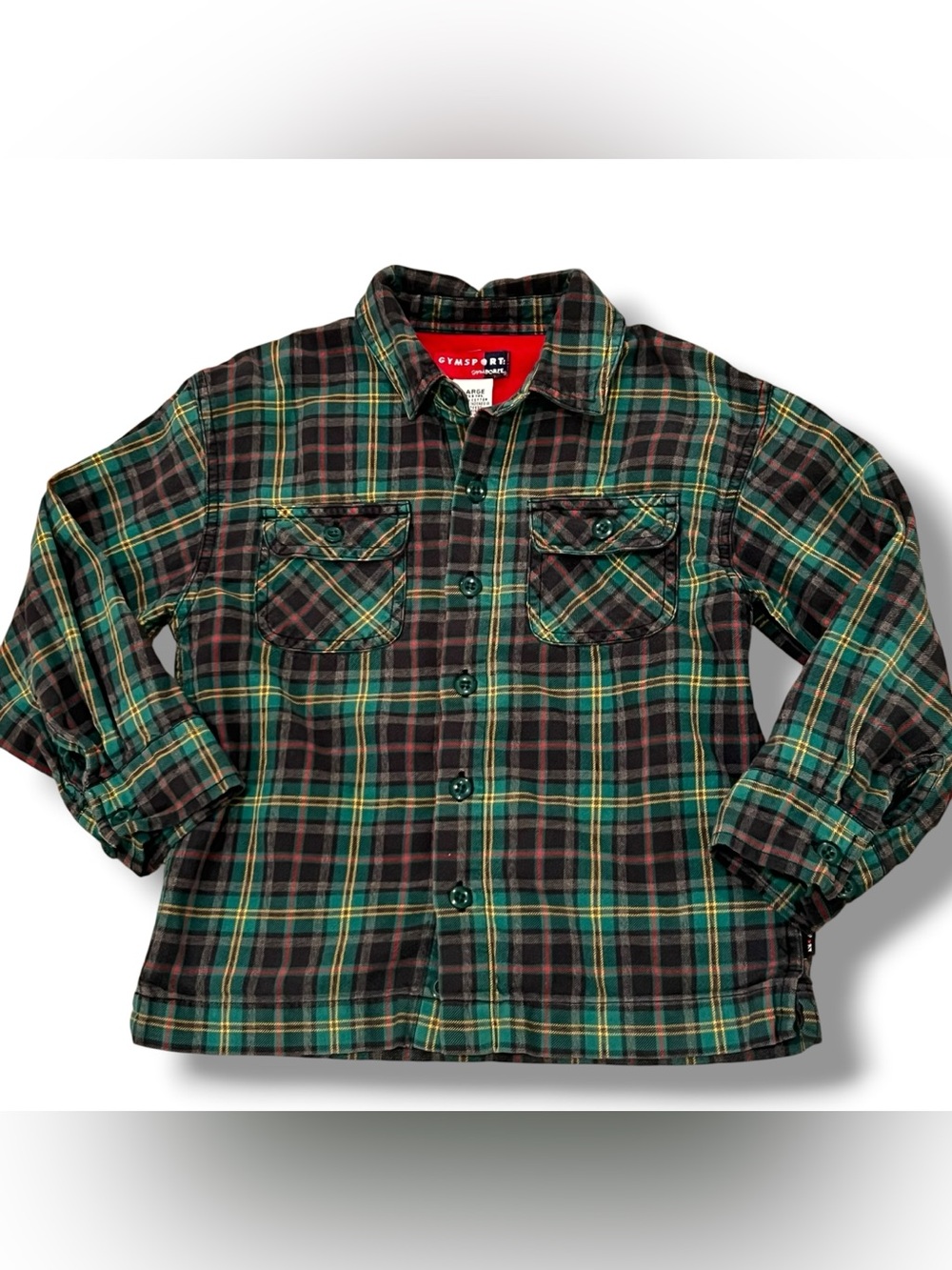VTG 1998 Gymboree Gymsport Primary Colors Plaid Shirt Kids Sz 4 Green Tartan F-4